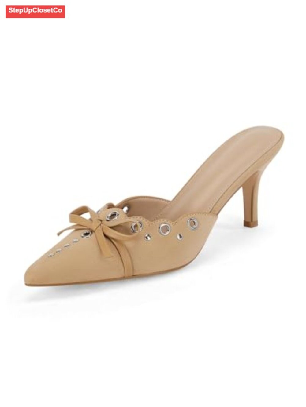 Women's Bow Tie Mule Heels Pointed Toe Studded Stiletto Slip On Pumps Faux